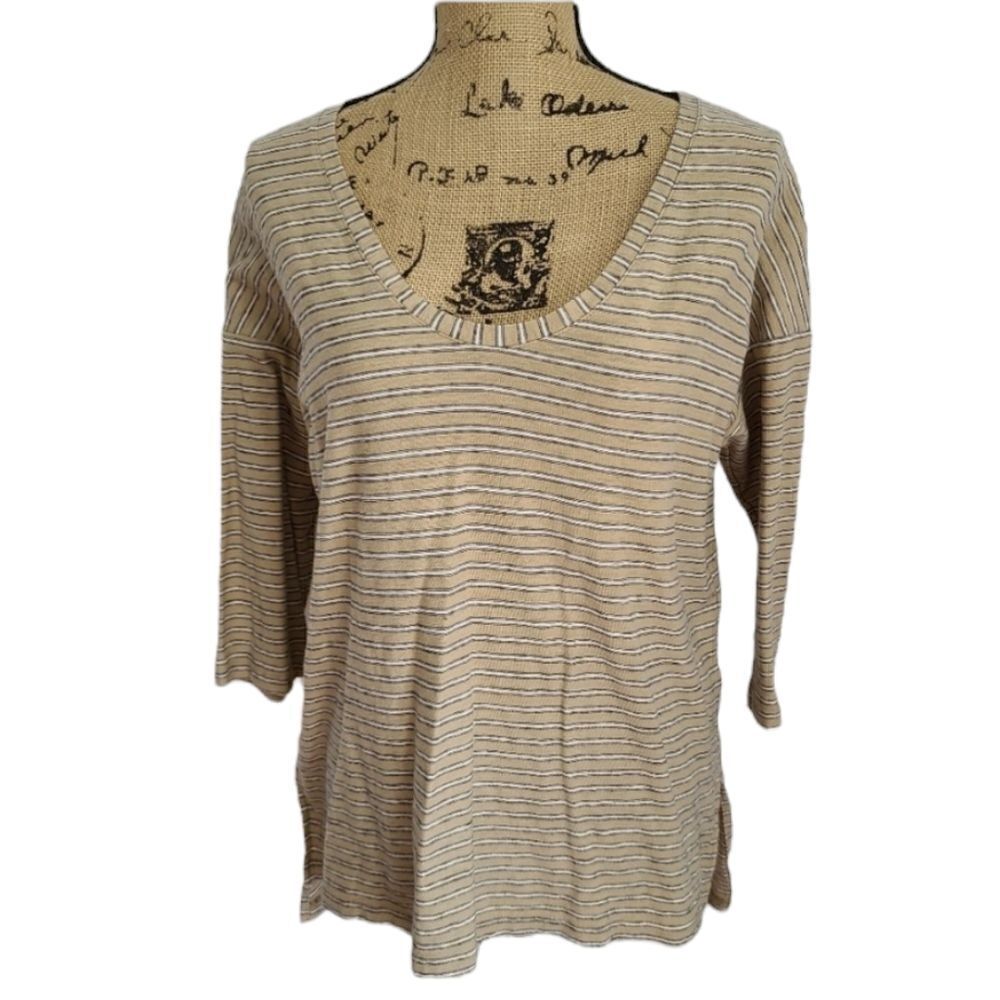 James Perse Tan White Striped Asymmetrical Shirt